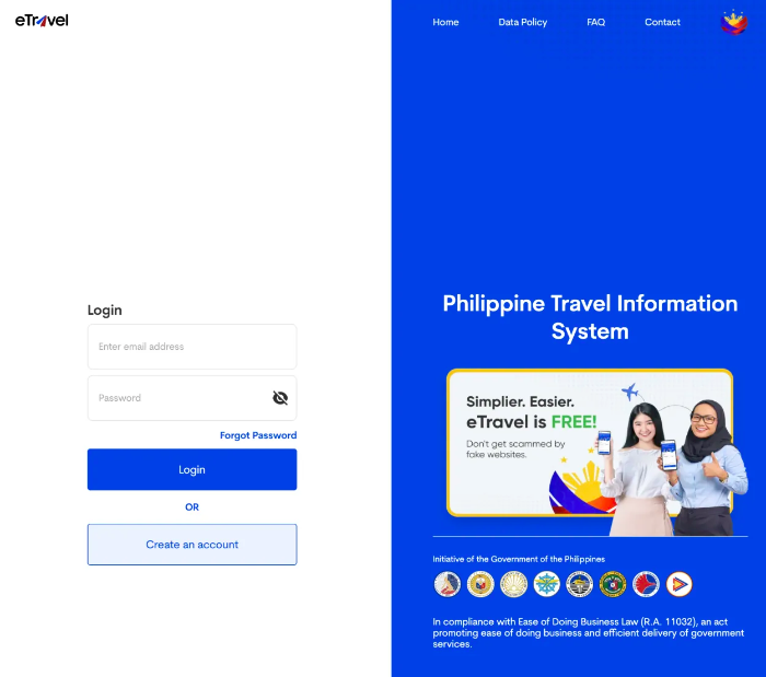 필리핀 이트래블(eTravel)-로그인화면