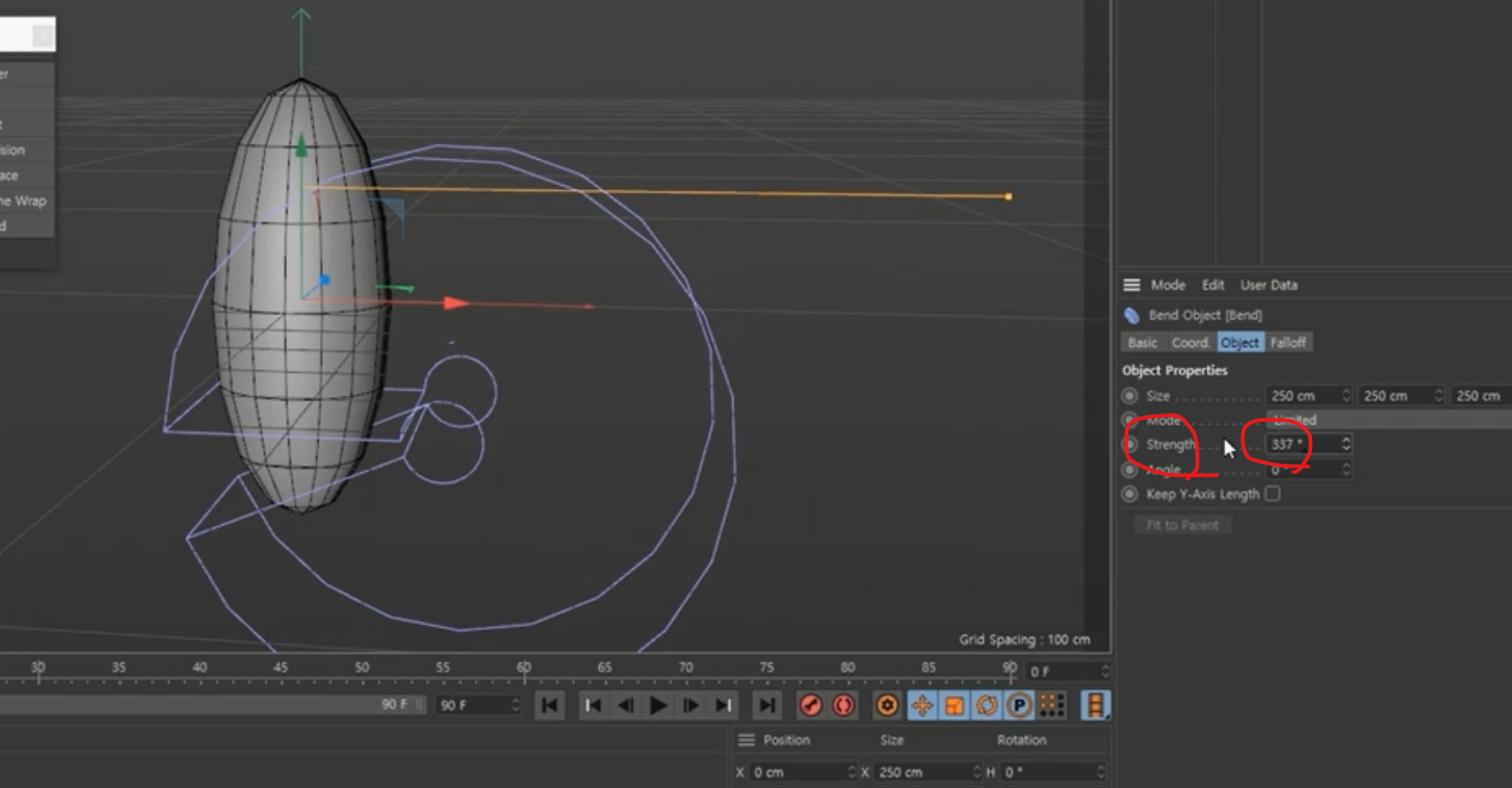 strength의 각도를 높일수록 원형에 가깝게 구부러진다