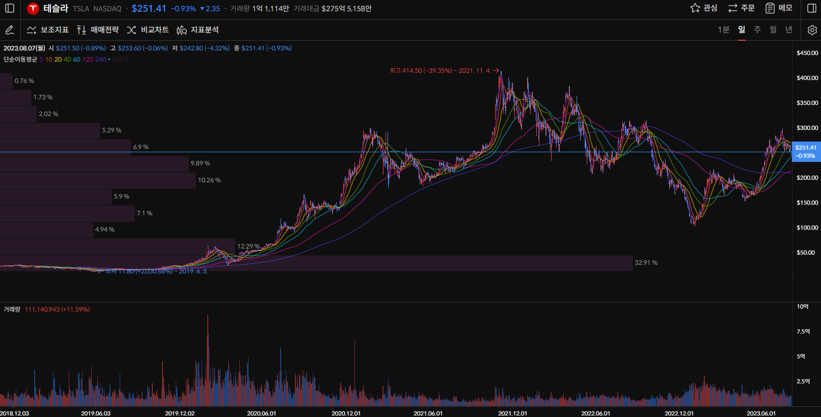 테슬라 주가 일봉