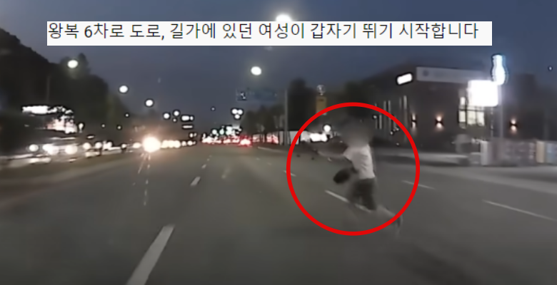  6차선 도로에서 뛰어든 여자 (영상)