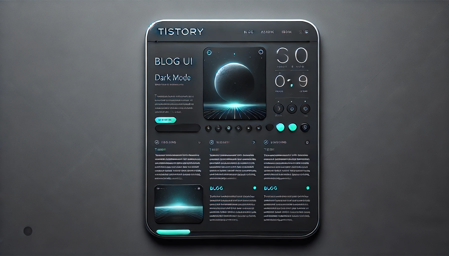 짙은 회색 배경, 흰색 텍스트, 청록색 링크가 포함된 미래지향적인 블로그 디자인, 부드러운 둥근 모서리, 그림자 효과가 강조된 고급스러운 카드형 UI, 가독성을 유지하면서 세련된 분위기를 연출하는 다크 모드 스타일