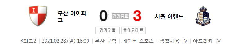  K리그2 / 국내축구 - 부산 VS 서울 이랜드 (0 - 3) 2021시즌 1라운드 하이라이트 (2021년 2월 28일)