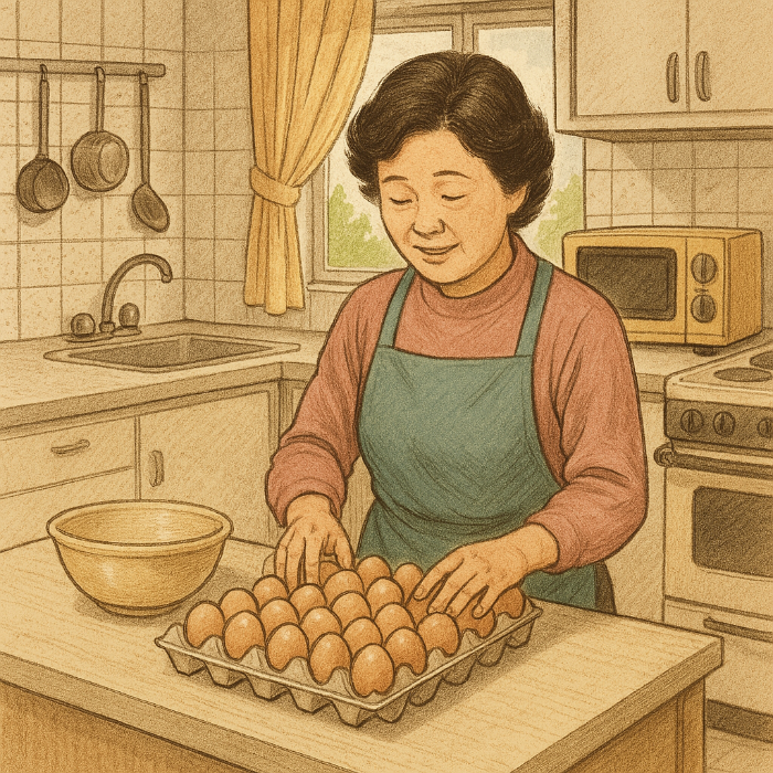 그시절 계란 한 판 얼마였을까? 80년대 부엌 배경, 조리대에 놓여 있는 계란 한 판