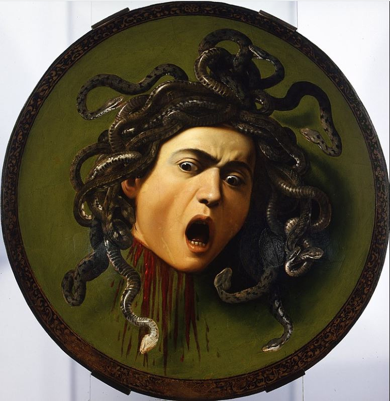 카라바조의 작품 메두사의 그림, 사람 머리가 많은 뱀들로 이루어져 있고, 머리가 잘린 모습으로 공포감을 불러일으킨다.
