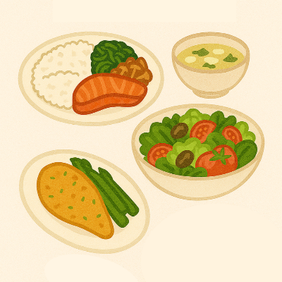 5만원 건강식단 예시 – 항산화 영양소 중심으로 구성된 하루 식단 일러스트 이미지