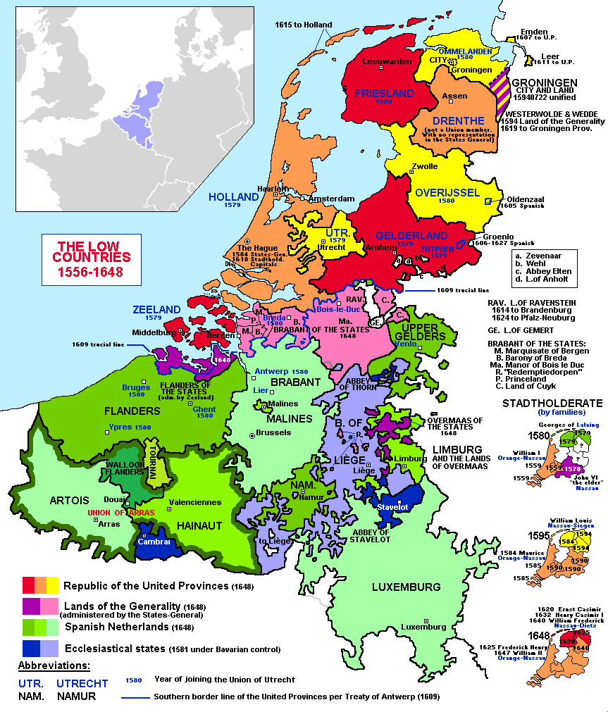 1556-1648년도 사이의 Dutch Republic의 Province 구성과 스페인 통치 지역