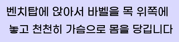  1. 벤치탑에 앉아서, 바벨을 목 위쪽에 놓고, 천천히 가슴으로 몸을 당깁니다.