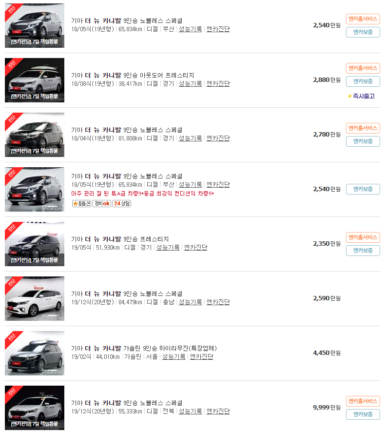2018~2020년식 더 뉴 카니발 9인승 중고차 가격