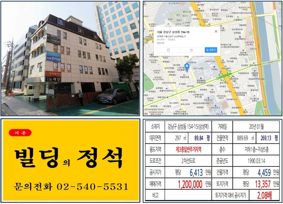  [강남구 삼성역 복합환승센터 100억 꼬마빌딩 실거래가 조회] 삼성동 154-15 (삼성역) 120억 원, 평당 1억 3,357만 원 매매되었습