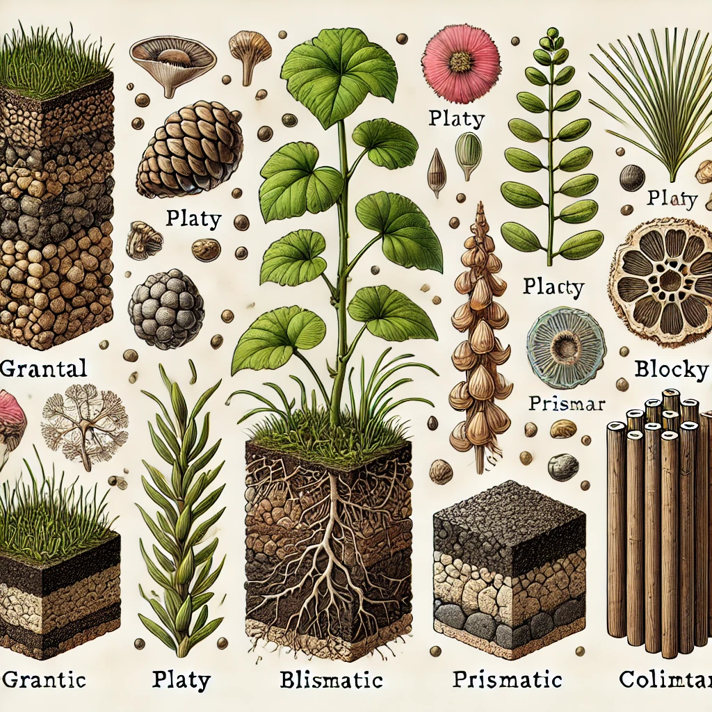 식물 도감 스타일로 제작되었으며, 입상구조, 판상구조, 괴상구조, 주상구조 등 다양한 토양 구조를 표현