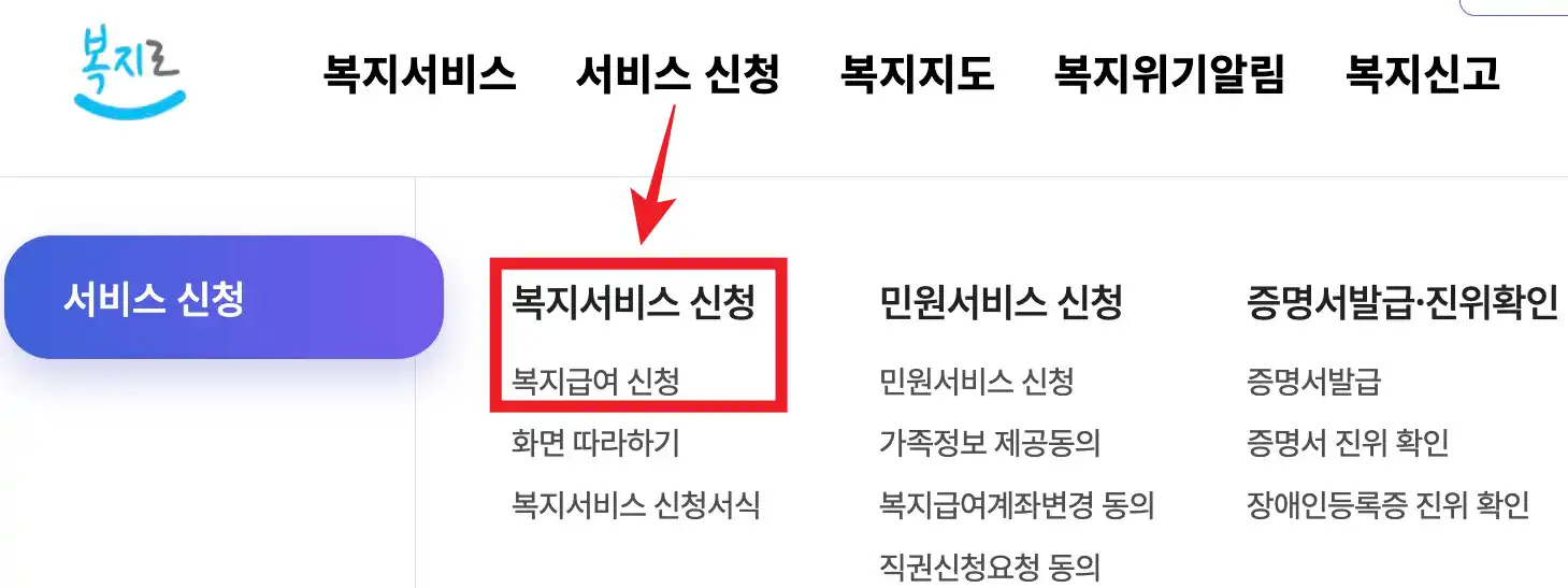 복지로 서비스신청 - 복지급여신청