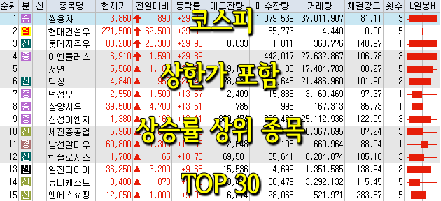  코스피/코스닥 상한가 포함 상승률 상위 종목 TOP 30 (0622)