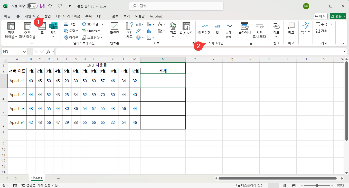 엑셀에서 스파크라인을 이용해 추세선으로 데이터 시각화하기 캡처 2