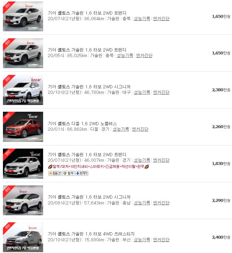 셀토스 중고차 가격