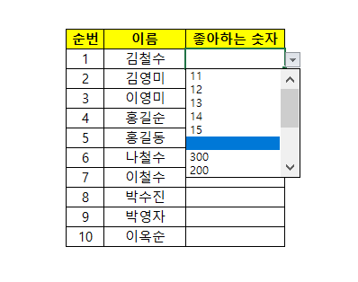 데이터 유효성 검사 적용 화면