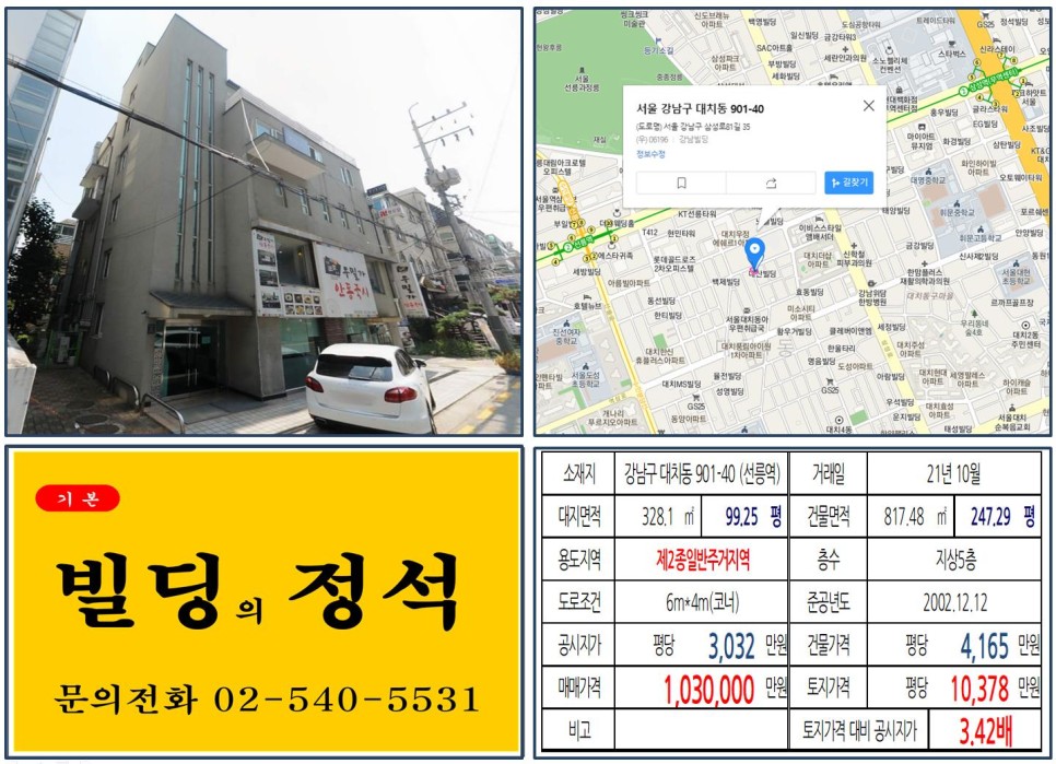  [강남구 대치동 100억 빌딩 실거래가 조회] 대치동 901-40 (선릉역) 103억 원, 평당 1억 378만 원 매매되었습니다.