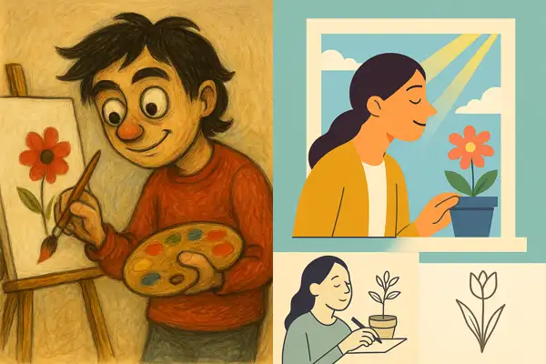 새로운 취미 활동을 통해 즐거움을 찾는 사람들과 일상 속 아름다움을 발견하는 장면 (그림 그리기, 화분 가꾸기, 햇살)