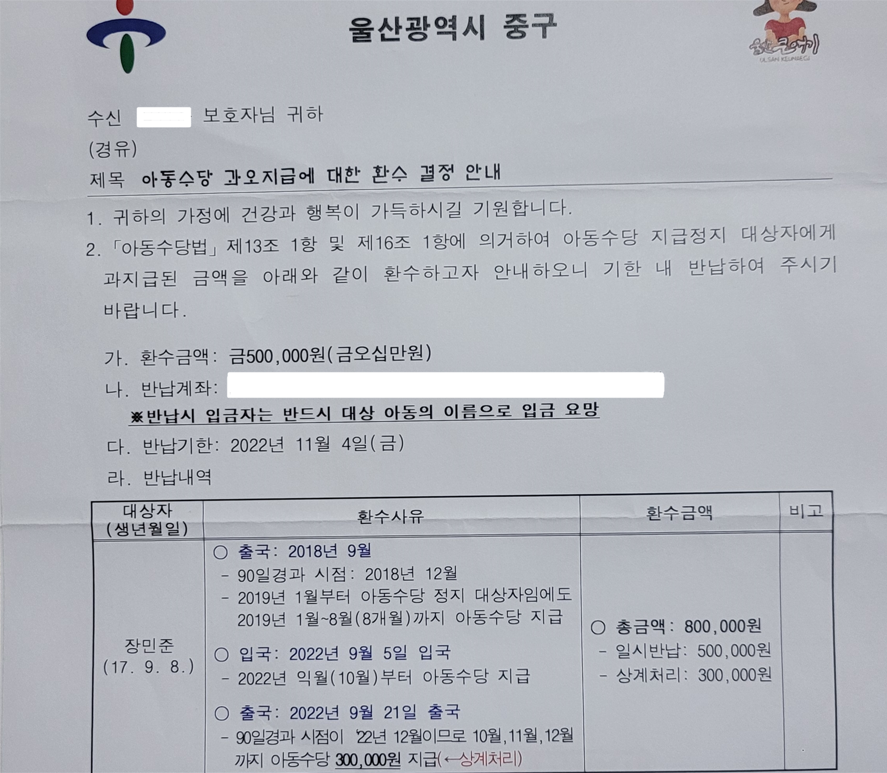  아동수당 받으려 신청했다가 받은 수당 토했습니다.