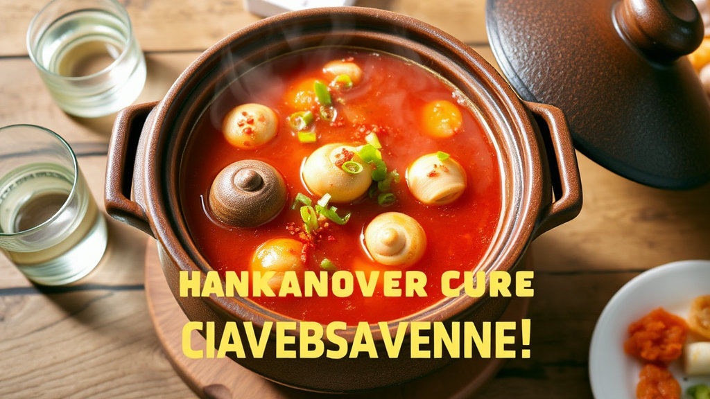 A steaming hot earthen pot of spicy Golbaengi-tang (Sea Snail Soup) on a wooden table, with a soju glass and a small serving plate nearby. "Ultimate Hangover Cure! Golbaengi-tang" text overlay.