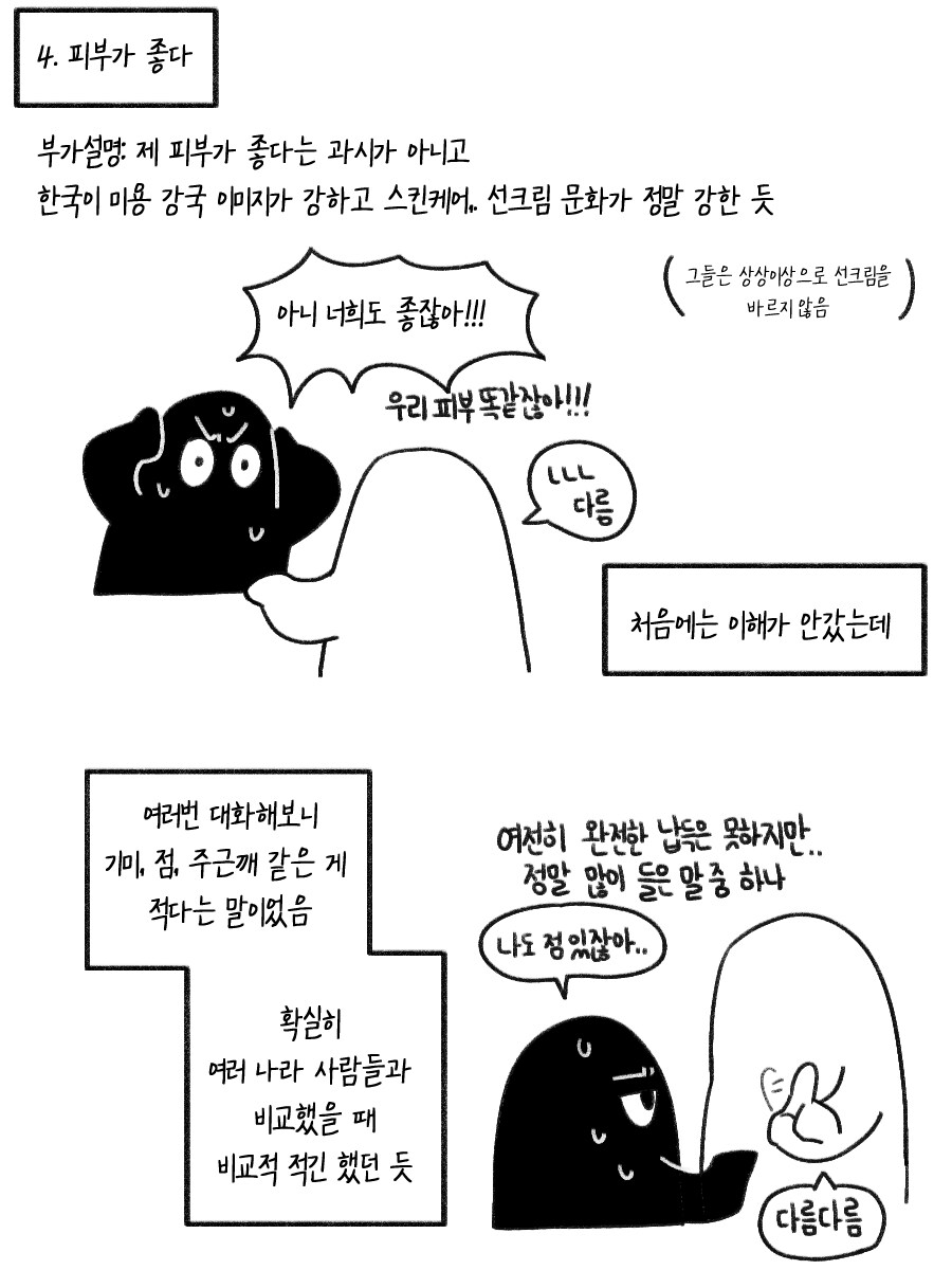 4. 피부가 좋다 
부가설명: 제 피부가 좋다는 과시가 아니고 
한국이 미용 강국 이미지가 강하고 스킨케어 선크림 문화가 정말 강한 듯 
아니 너희도 좋잖아!!! 
우리 피부 똑같잖아!!! 
그들은 상상이상으로 선크림을 바르지 않음 
LLL 
다름 
처음에는 이해가 안갔는데 
여러번 대화해보니 기미, 점, 주근깨 같은 게 적다는 말이었음 
여전히 완전한 납득은 못하지만... 정말 많이 들은 말중 하나 
확실히 여러 나라 사람들과 비교했을 때 비교적 적긴 했던 듯 
나도 정 있잖아.. 
다름다름