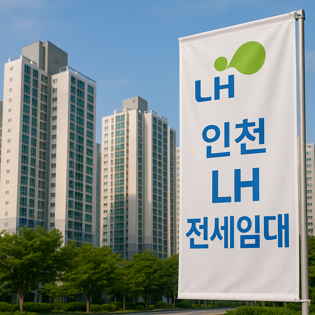 인천의 고층 아파트 단지와 함께 보이는 LH 로고 및 전세임대 안내 현수막