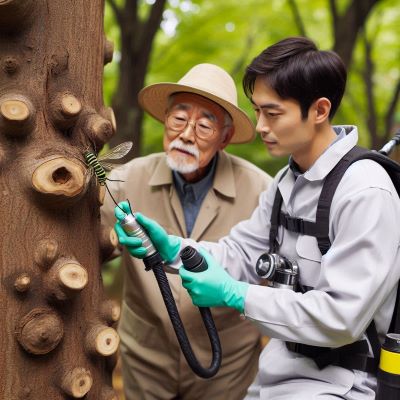 나무의사가 나무를 돌보고 있다.