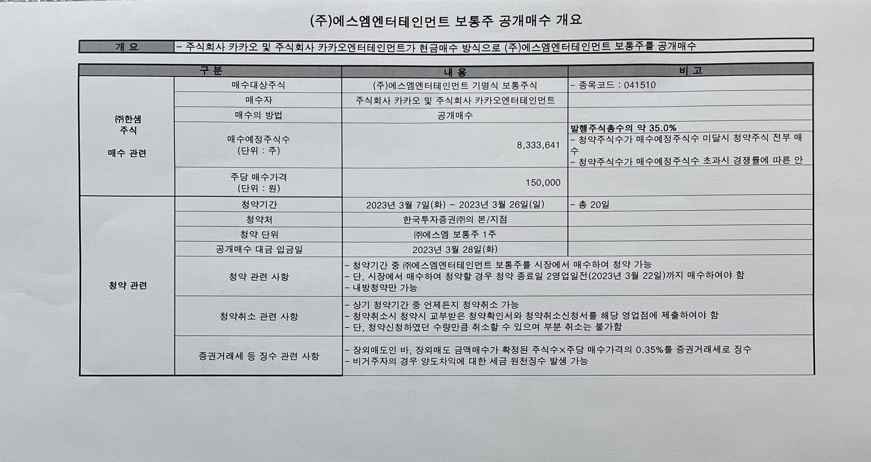  카카오 SM엔터 공개매수 신청 방법