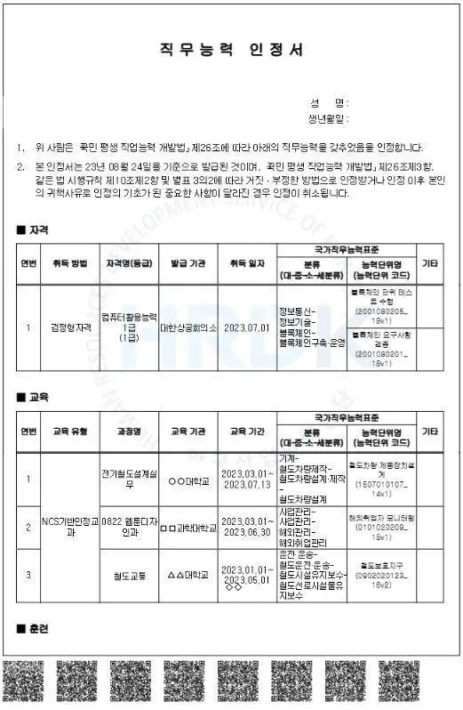 직무능력 인정서 발급 예시 - 1