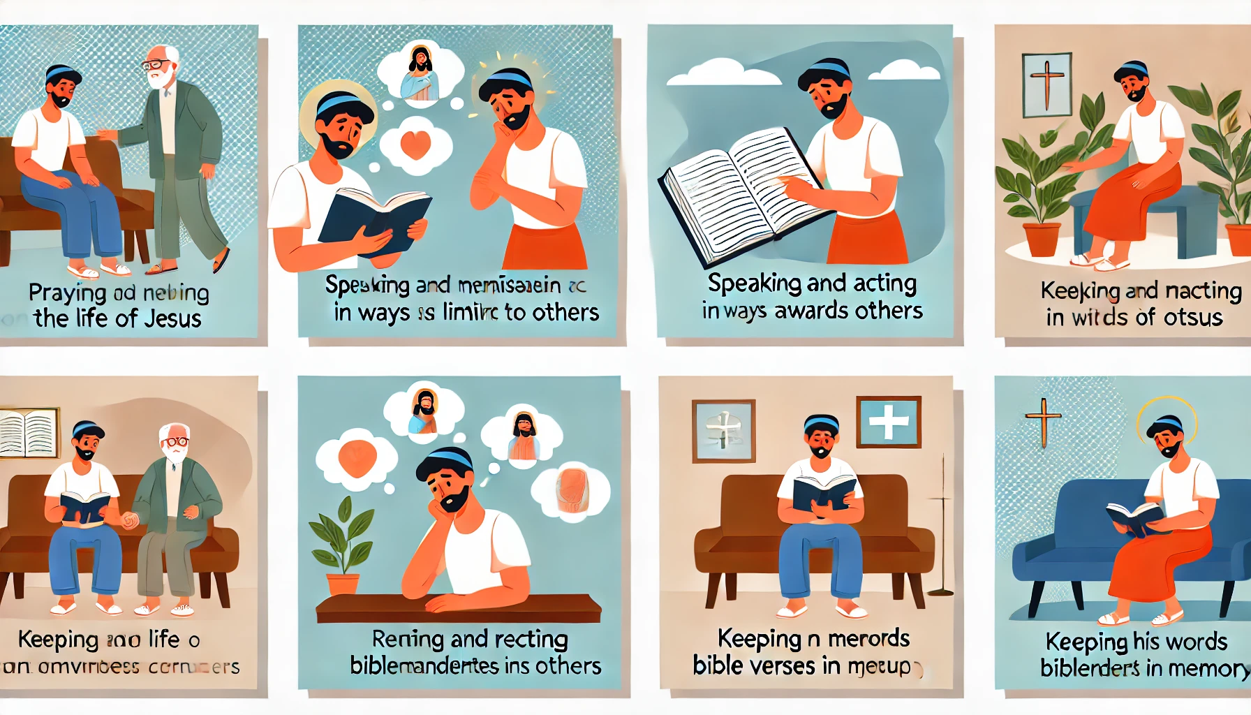 Here is the illustration showing a modern person reflecting on the life of Jesus&amp;#44; speaking and acting in ways similar to Him&amp;#44; keeping His words and commandments in memory&amp;#44; and reciting memorized Bible verses. The scenes include praying and meditating on scriptures&amp;#44; engaging in compassionate actions&amp;#44; and attending church services or Bible study groups. Each scene highlights the dedication to living a life that honors and remembers Jesus&amp;#39; teachings and commandments.