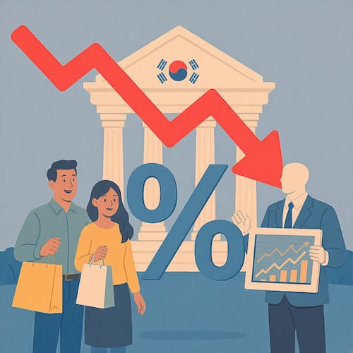 금리 인하를 상징하는 하향 화살표와 퍼센트 기호 앞에 선 소비자와 투자자 일러스트