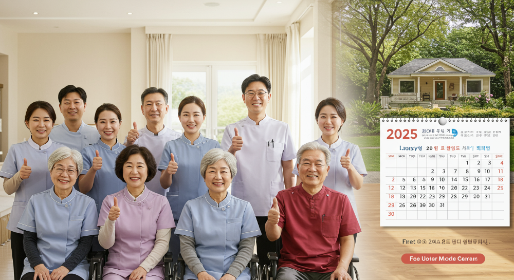 2025년 요양보호사 자격증 취득을 준비하는 다양한 연령대의 사람들이 희망찬 표정으로 함께 서 있는 모습.