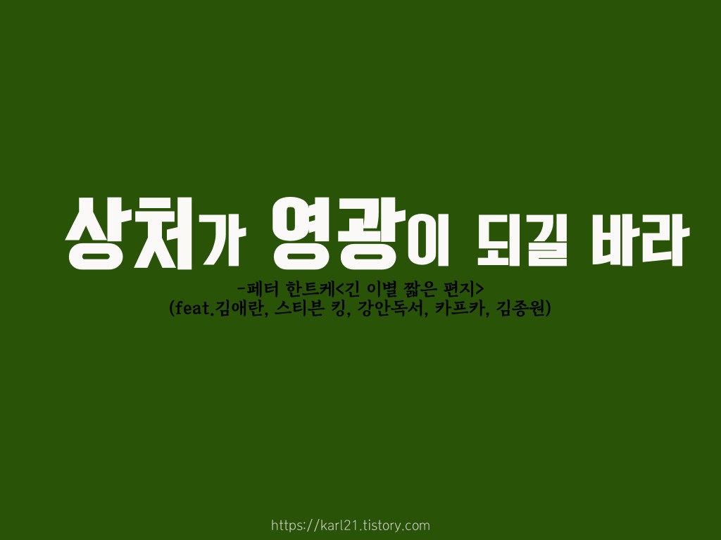  페터 한트케 긴 이별 짧은 편지/상처가 영광이 되길 바라(feat.김애란의 잊기 좋은 이름, 스티븐 킹, 이은대, 박종혁, 카프카, 김종원)