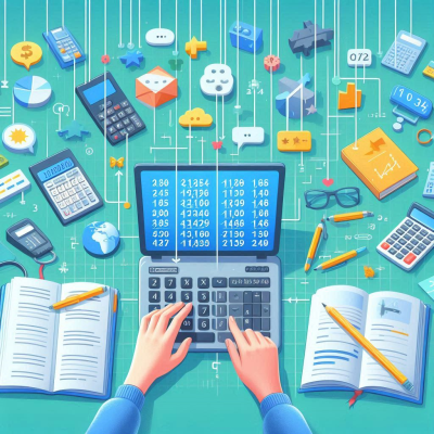 여러 가지 계산기와 책, 노트가 놓인 책상에서 데이터를 다루고 있는 사람의 손 모습.