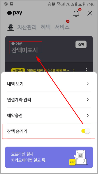  초간단 카카오페이 잔액 표시 안 나오게 숨기기