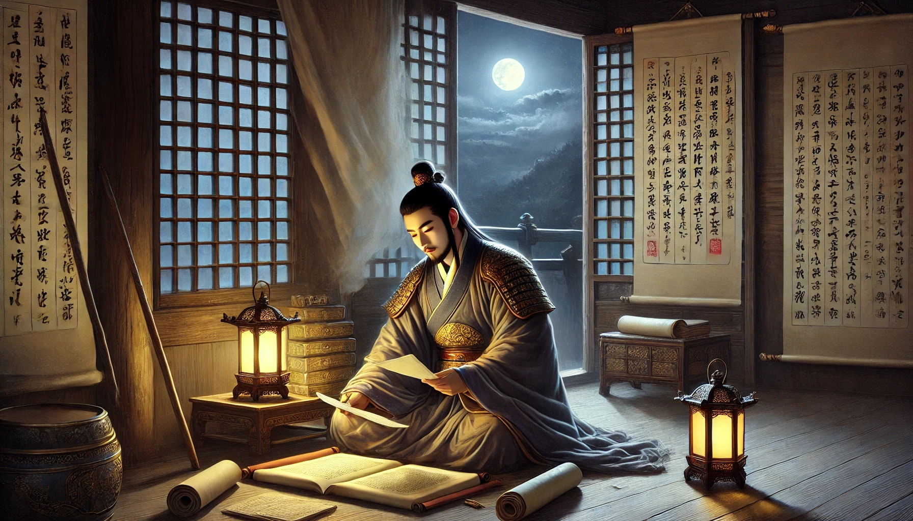 등불 아래서 책을 읽는 여몽의 모습이 담긴 전통 산수화 스타일 그림