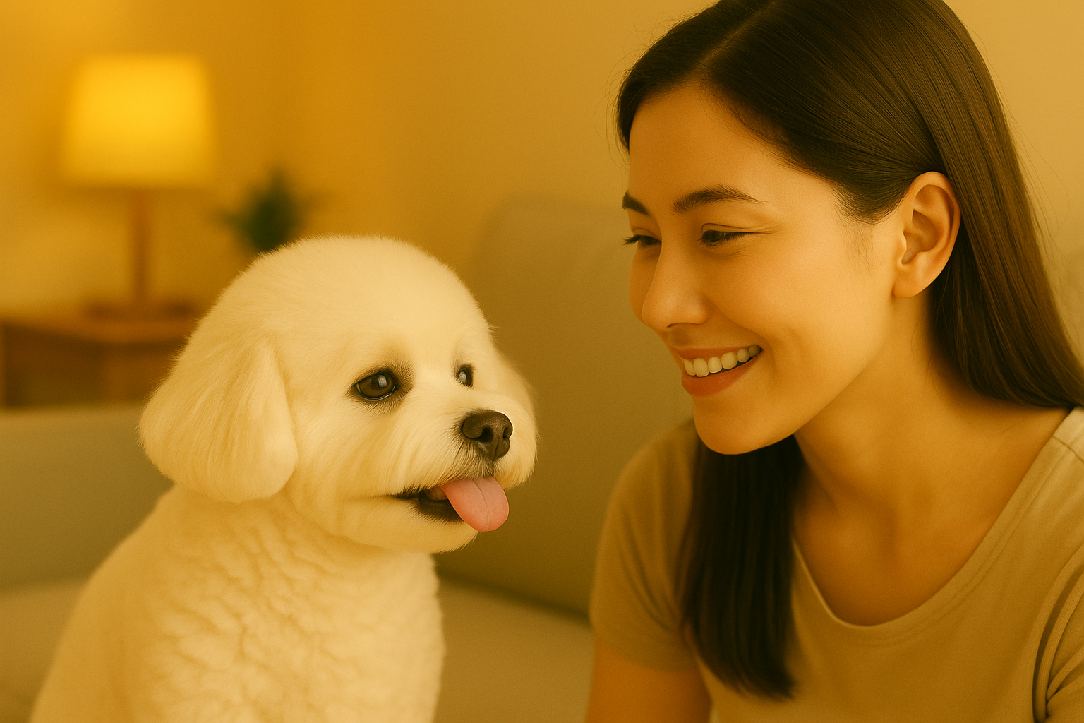 장난기 가득한 표정으로 혀를 내민 미니비숑과 미소 짓는 보호자의 따뜻한 교감 / A playful Bichon Frise with its tongue out, sharing a smile with its smiling owner