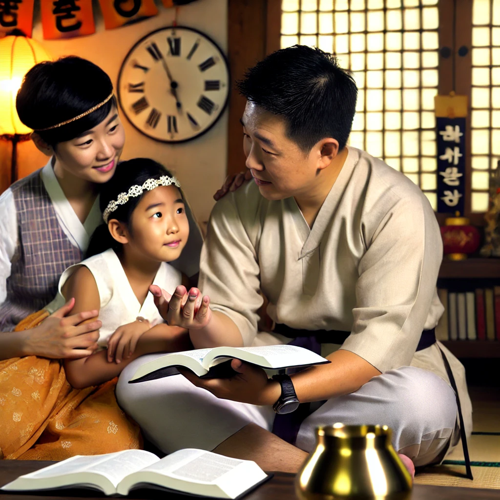 Here are two depictions of a man inspired by Ephesians 6:4&amp;#44; spending time with his children during Chuseok&amp;#44; teaching them with love and patience about the Lord&amp;#39;s instruction. The scenes capture both the warmth of the holiday and the spiritual guidance he&amp;#39;s providing to his children. Happy Chuseok!