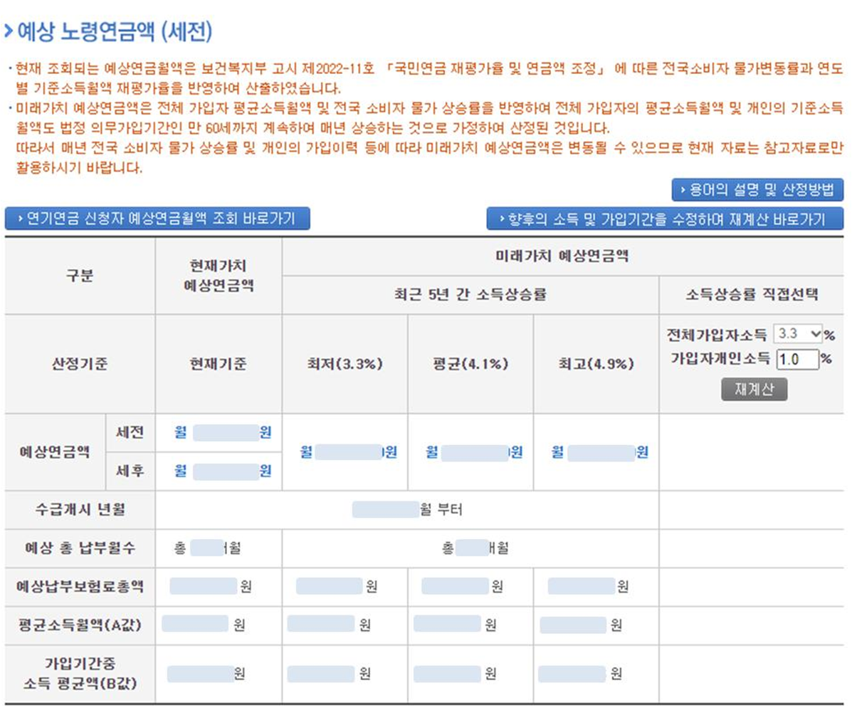 국민연금 예상 노령연금액(세전) 결과