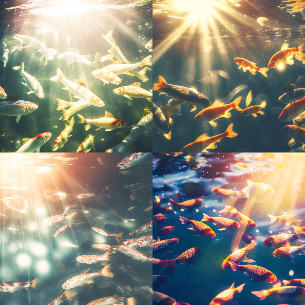fishes in water with sparkling&amp;#44; crisp radiant reflections&amp;#44; sunlight gleaming&amp;#44; Canon 35mm lens hyperrealistic photography&amp;#44; style of unsplash --style 4a
