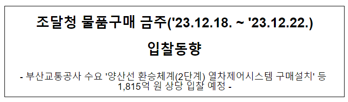  물품구매 금주(’23.12.18. ~ ’23.12.22.) 입찰동향