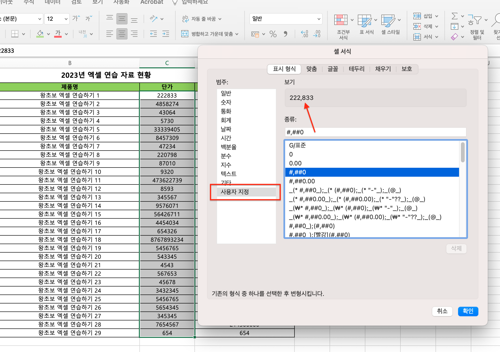 셀 형식에서 사용자 정의 사용