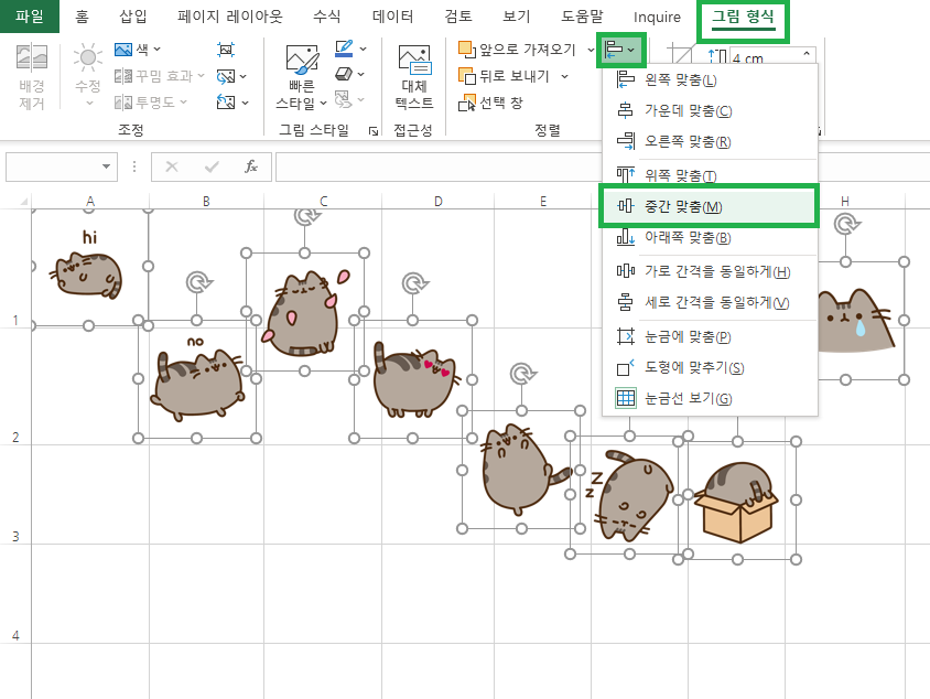 그림형식에서 개체 선택을 선택하고 중간 맞춤을 선택