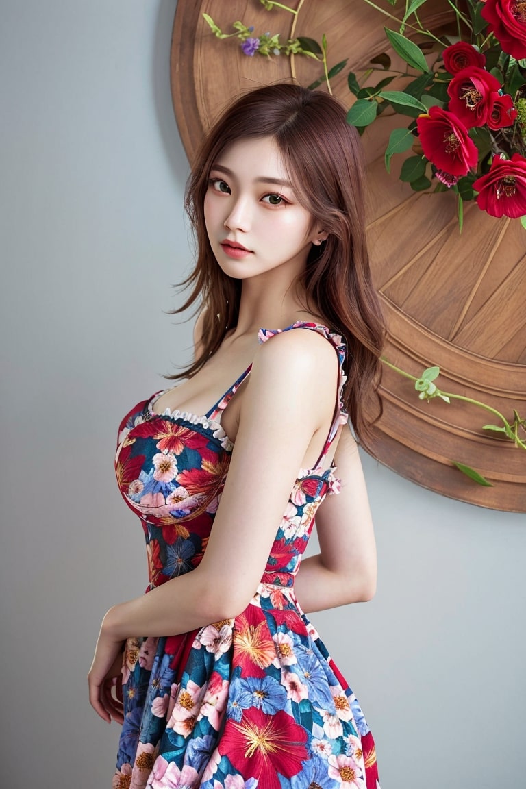  귀여운 스타일의 꽃무늬 선드레스 입은 여자 AI 사진 그림