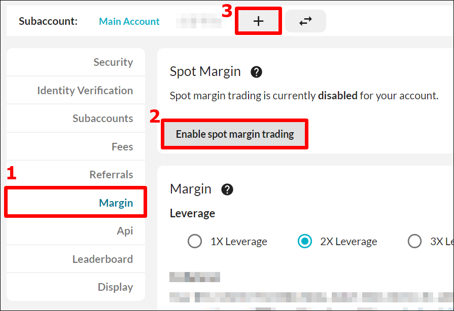 Setting를 누르면 나오는 메뉴중 Margin을 누르고 Enable spot marging trading 버튼을 누르도록 보여주고 있으며&#44; 위쪽에는 + 버튼을 빨간 네모박스로 강조하는 사진