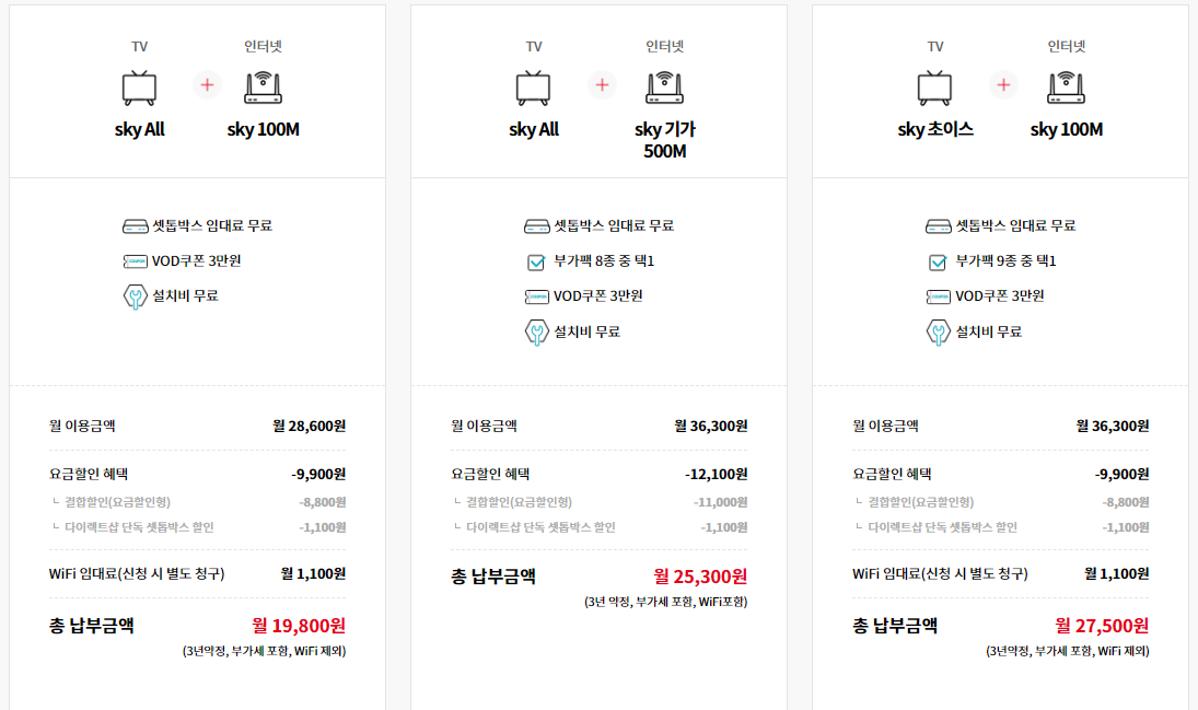 스카이라이프 요금제 3종