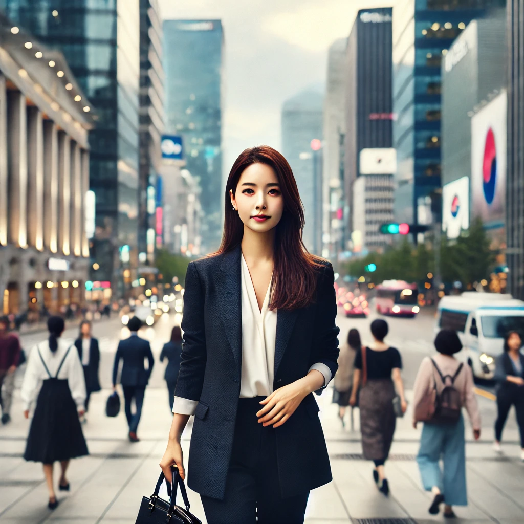 비즈니스 캐주얼 차림의 직장 여성이 서울 강남 또는 명동 거리에서 당당하게 걸어오는 모습.