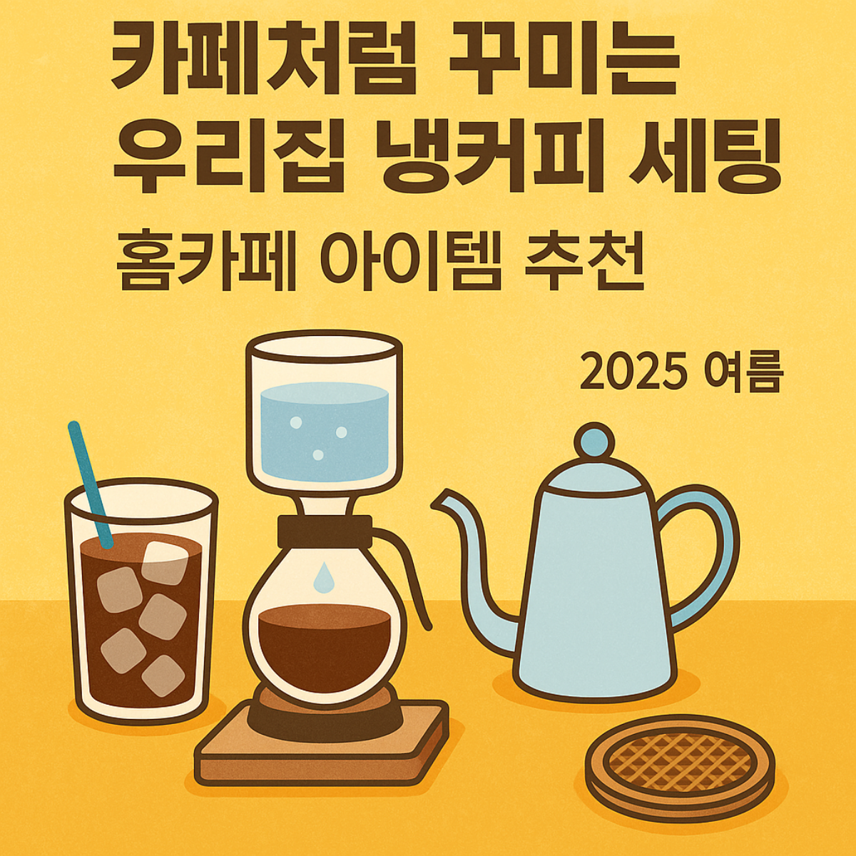 카페처럼 꾸미는 우리집 냉커피 세팅 – 2025 여름 홈카페 감성템 추천 썸네일, 드립포트와 워터드립기, 아이스커피 유리잔이 어우러진 따뜻한 노란 배경의 일러스트 이미지