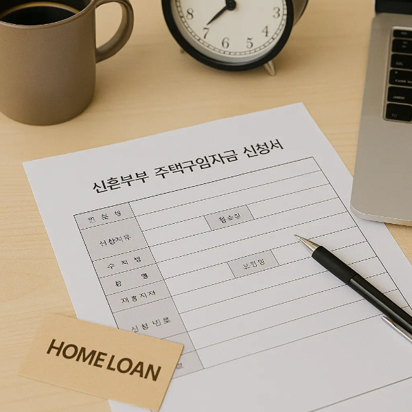 책상 위에 놓인 신혼부부 주택구입자금 신청서와 펜, 자명종, 커피잔, 노트북이 함께 구성된 주택대출 신청 장면 이미지
