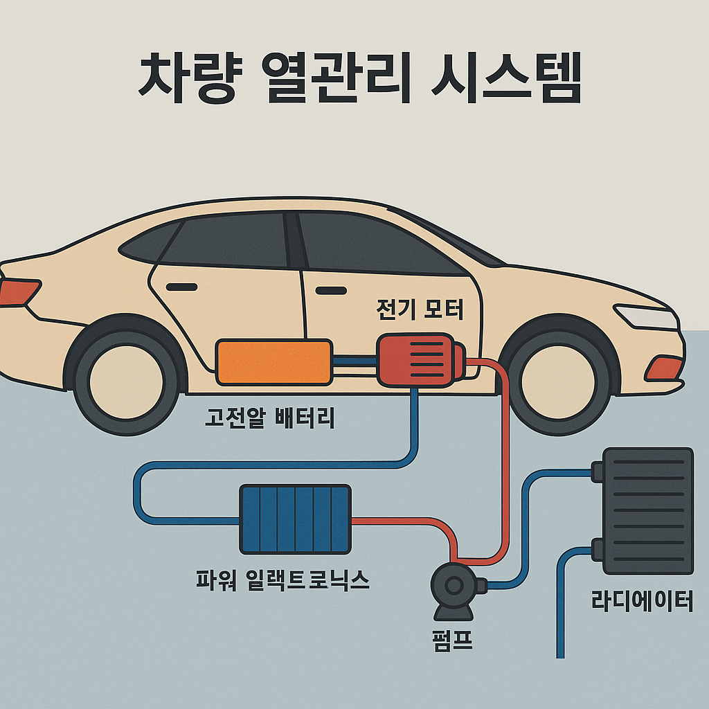 전기차의 열관리 시스템 구성요소와 쿨링 흐름을 보여주는 도식 이미지