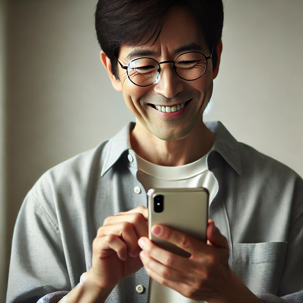 스마트폰을 보며 기뻐하는 50대 한국 남성